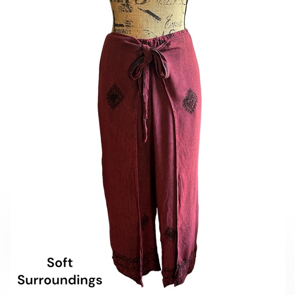 Soft Surroundings Red Embroidered Wrap Pants Wide Leg Palazzo PL Large Petite - Picture 1 of 12